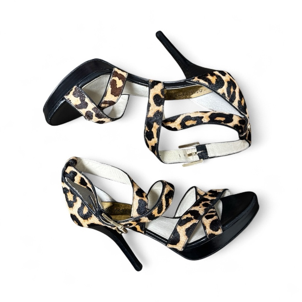 Michael Kors Evie Hair Calf Cheetah Print  Platform Sandals Stilettos Heels Sz 6 - Picture 3 of 12